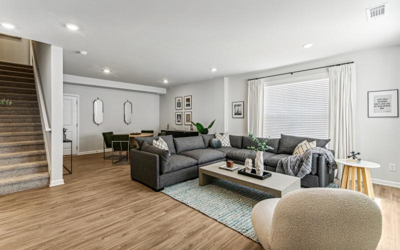 a living room with a couch and a rug